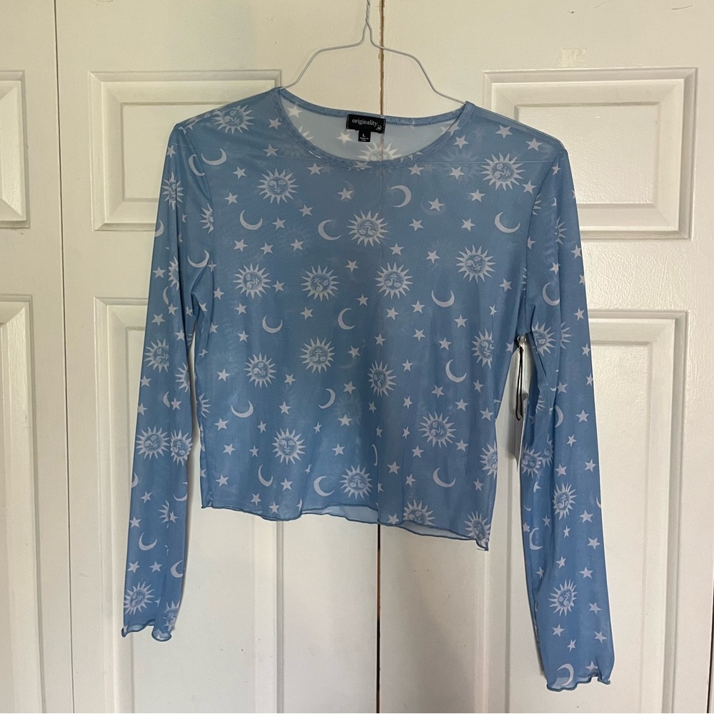 Sun and Moon Blue Mesh Long Sleeve Top